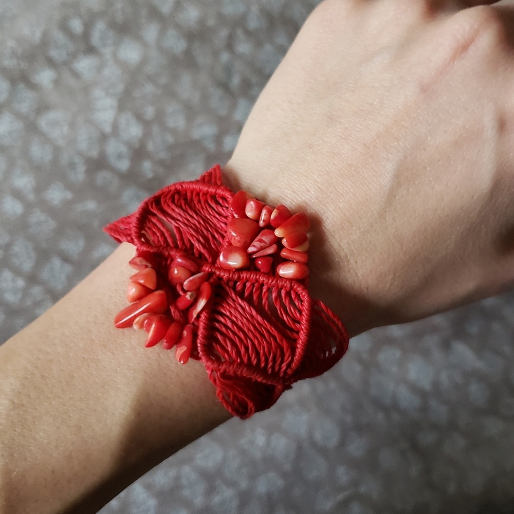 Red boho handmade thread and bead bracelet
